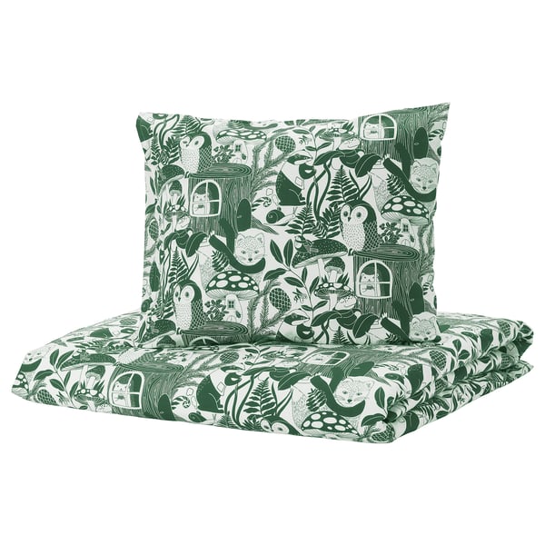 SKOGSDUVA Funda plumón con funda almohada, blanco verde/bosque, 150x200/50x60 cm