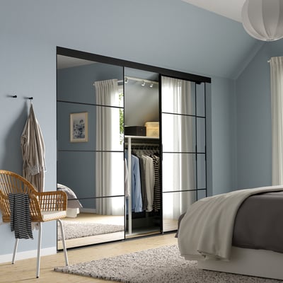 SKYTTA / AULI Puerta corredera, negro/espejo, 276x205 cm