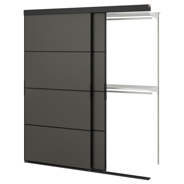 SKYTTA / BOAXEL Mueble con puerta corredera, negro ambos lados/Mehamn Gris oscuro, 177x65x205 cm