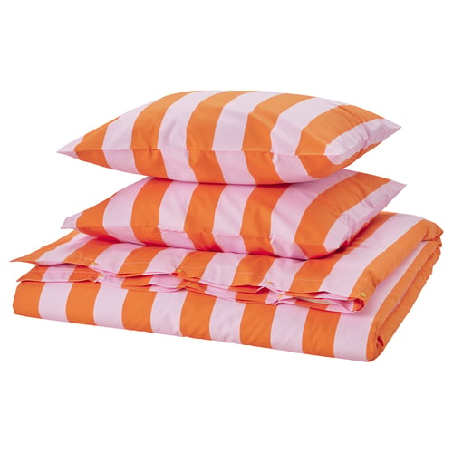 SLÅNHÖSTMAL Funda plumón con 2 fundas almohada, Naranjo/rosado/rayas, 240x220/50x60 cm