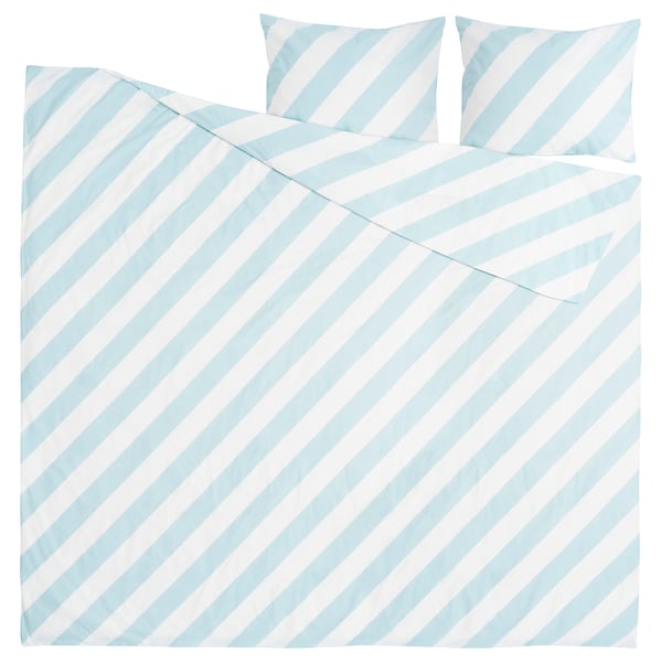 SLÖJSILJA Funda plumón con 2 fundas almohada, azul claro/blanco/raya, 240x220/50x60 cm