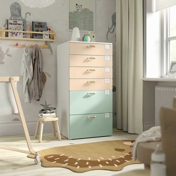 SMÅSTAD / PLATSA Cómoda con 6 cajones, blanco abedul/menta, 60x57x123 cm