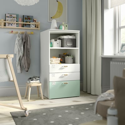 SMÅSTAD / PLATSA Estante, blanco menta/con 3 cajones, 60x57x123 cm