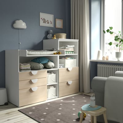 SMÅSTAD / PLATSA Mudador, blanco abedul/con estante, 150x79x123 cm