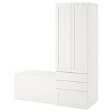 SMÅSTAD / PLATSA Mueble de almacenamiento, blanco con marco/con banco, 150x57x181 cm