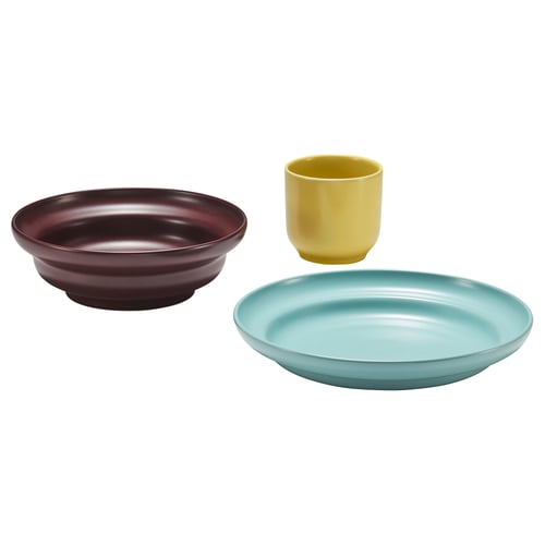 SPJUTLILJA Set de servicios, 3 piezas, colores variados