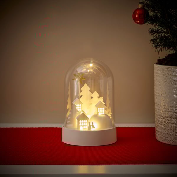 STRÅLA Lámpara de mesa LED, a pilas campana/pueblo blanco, 18 cm