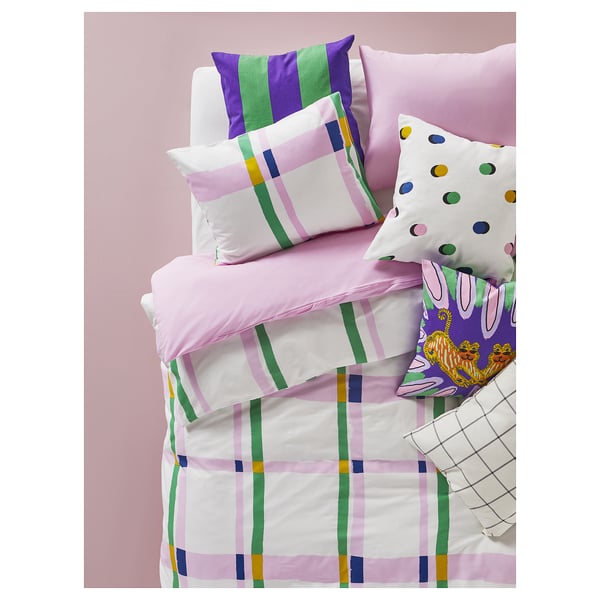 SYRABLADMAL Funda plumón con funda almohada, multicolor/a cuadros, 150x200/50x60 cm
