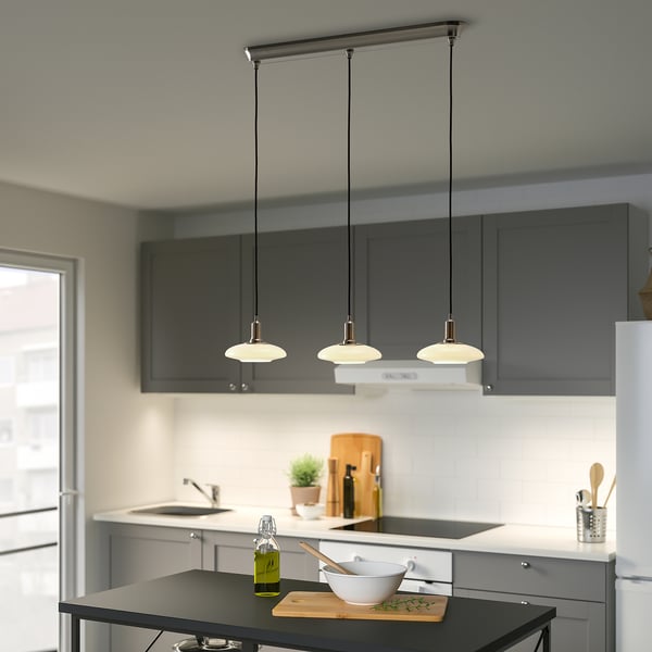 TÄLLBYN Lámpara de techo, 3 luces, niquelado/blanco vidrio, 89 cm