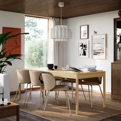 TONSTAD / KRYLBO Juego de comedor 6 sillas, chapa roble/Tonerud beige oscuro, 200x85 cm