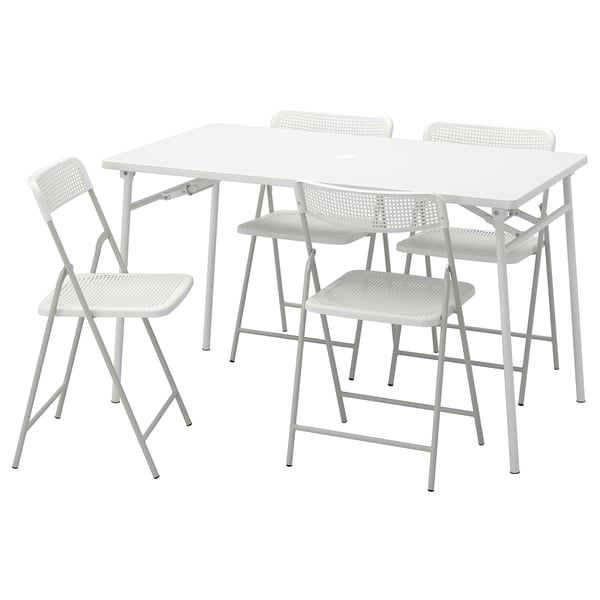 TORPARÖ Juego de terraza plegable 4 sillas, blanco/blanco/gris, 130 cm