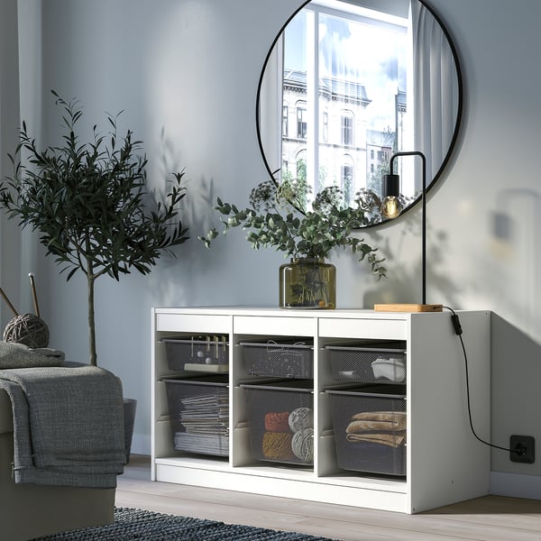 TROFAST Combinación de almacenaje con cajas, blanco/Gris oscuro, 99x44x56 cm