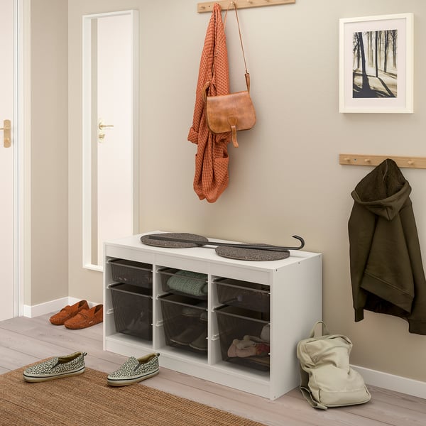 TROFAST Combinación de almacenaje con cajas, blanco/Gris oscuro, 99x44x56 cm