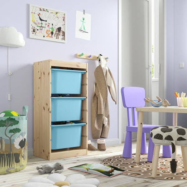 TROFAST Combinación de almacenaje con cajas, pino tte claro/azul costeño, 44x30x91 cm