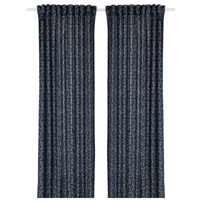TRYSTÄVMAL Cortina, 1 par, azul oscuro/blanco/flores con cinta de fruncir, 145x250 cm