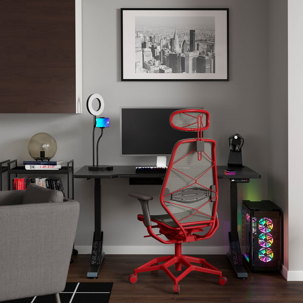 UPPSPEL / STYRSPEL Juego de escritorio gamer, negro gris/rojo, 140x80 cm