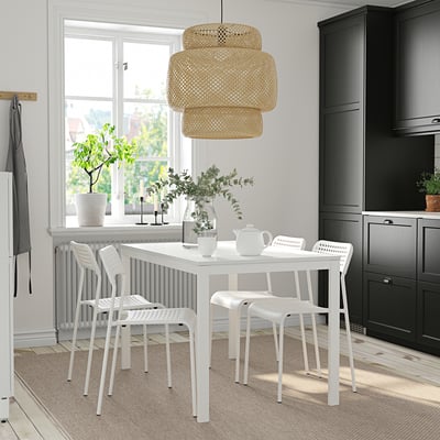 VANGSTA / ADDE Juego de comedor con 4 sillas, blanco/blanco, 120/180 cm