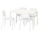 VANGSTA / TEODORES Juego de comedor con 4 sillas, blanco/blanco, 120/180 cm