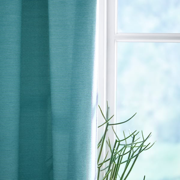 VILBORG Cortina oscurecedora, 1 par, blanco/turquesa/con cinta de fruncir, 145x250 cm