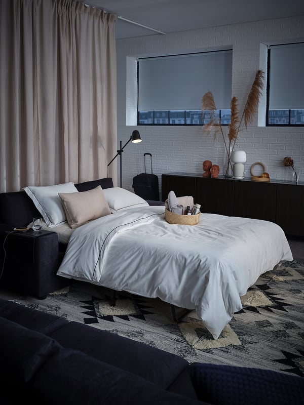 VIMLE Sofá cama 2 cuerpos, con apoyabrazos anchos/Saxemara petróleo