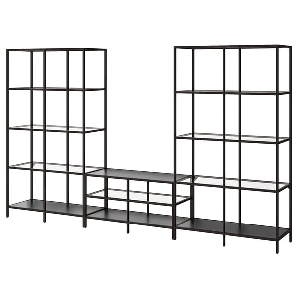 VITTSJÖ Rack de TV, negro/vidrio, 300x36x175 cm