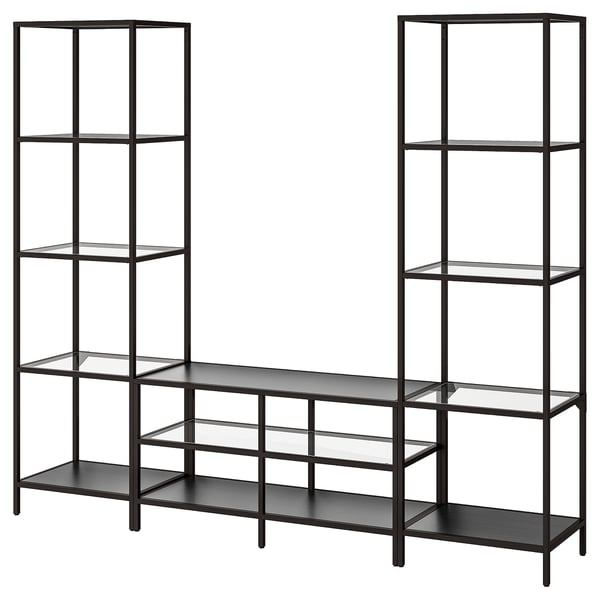 VITTSJÖ Rack de TV, negro/vidrio, 202x36x175 cm