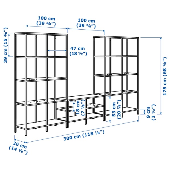 VITTSJÖ Rack de TV, negro/vidrio, 300x36x175 cm