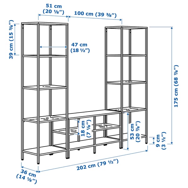 VITTSJÖ Rack de TV, negro/vidrio, 202x36x175 cm