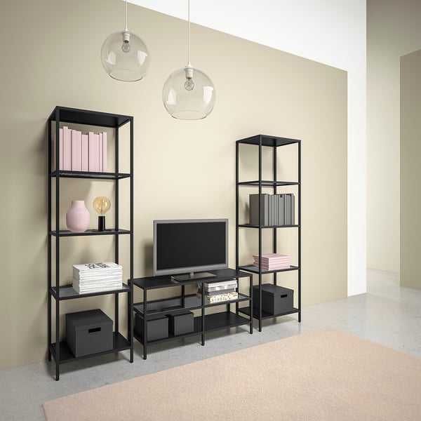 VITTSJÖ Rack de TV, negro/vidrio, 202x36x175 cm