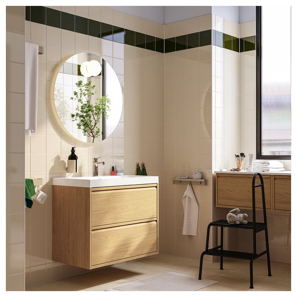 BÄSINGEN Taburete+barandilla, 2 escalones, gris oscuro