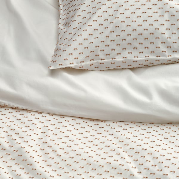 BANDKNIPPE Funda de plumón y funda almohada, blanco/beige, 150x200/50x60 cm