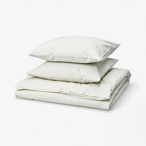 BANDKNIPPE Funda plumón con 2 fundas almohada, blanco/verde, 240x220/50x60 cm