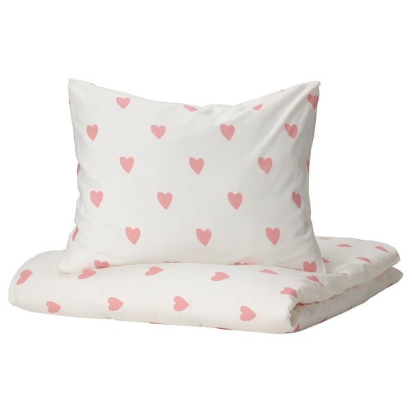 BARNDRÖM Funda de plumón y funda almohada, corazón blanco/rosado, 150x200/50x60 cm