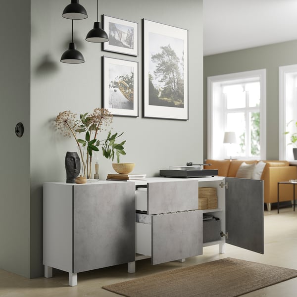 BESTÅ Almacenaje con cajones, blanco Kallviken/gris claro Efecto cemento, 180x42x74 cm