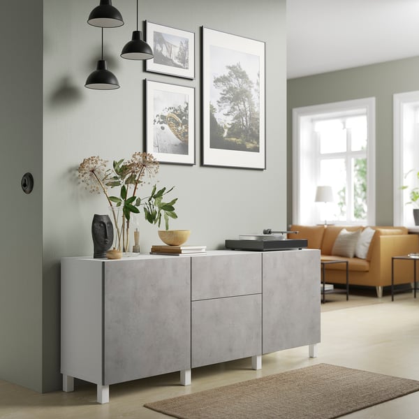 BESTÅ Almacenaje con cajones, blanco Kallviken/gris claro Efecto cemento, 180x42x74 cm