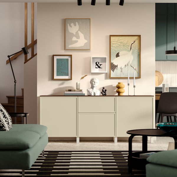 BESTÅ Almacenaje con cajones, blanco/Krukmakare beige, 180x42x75 cm