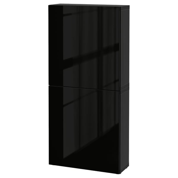 BESTÅ Armario de pared con 2 puertas, negro con café/Selsviken negro brillante, 60x22x128 cm