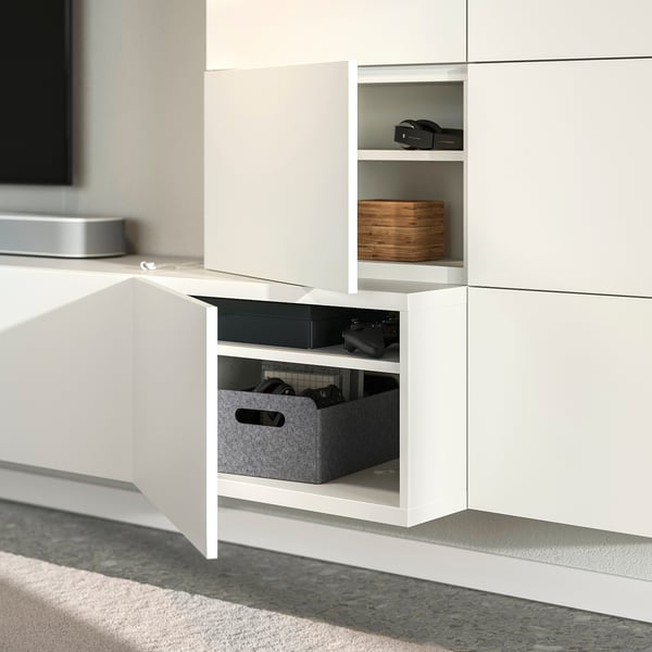 BESTÅ Combinación almacenaje audio/vídeo, blanco Lappviken/blanco, 300x42x114 cm