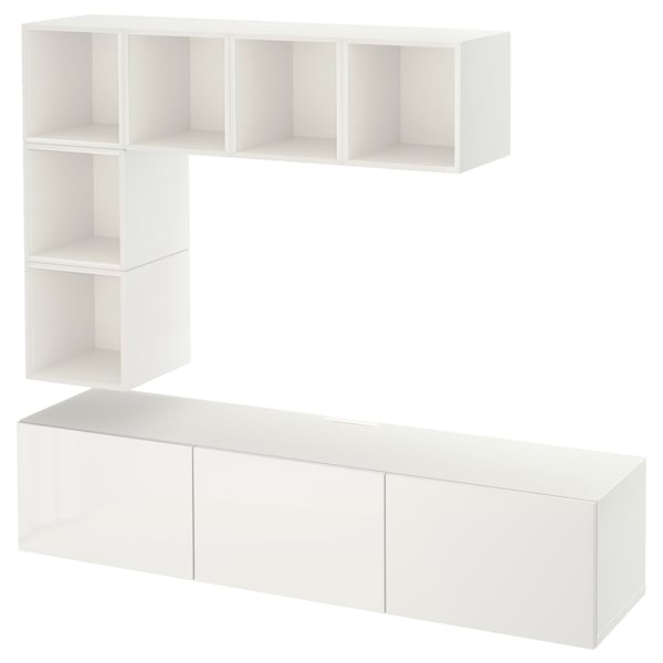 BESTÅ / EKET Mueble TV, blanco/Selsviken Alto brillo/blanco, 180x42x185 cm