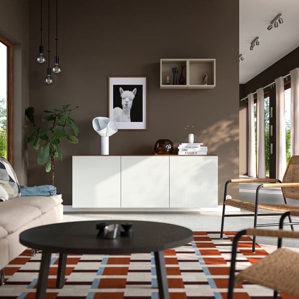 BESTÅ Estantería de cubos, blanco Förvaltare/café Efecto nogal, 180x42x65 cm