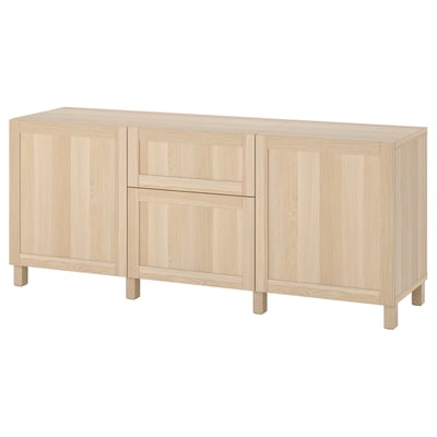 BESTÅ Mueble sala con puertas/cajones, Efecto roble tinte blanco/Hanviken/Stubbarp Efecto roble tinte blanco, 180x42x74 cm