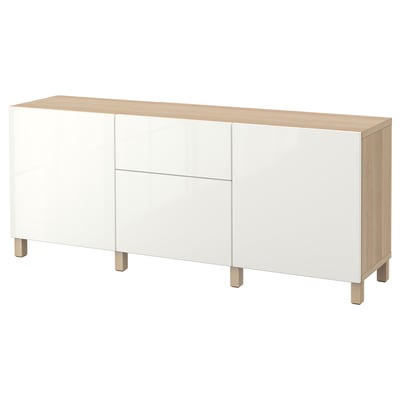 BESTÅ Mueble sala con puertas/cajones, Efecto roble tinte blanco/Selsviken/Stubbarp Alto brillo/blanco, 180x42x74 cm