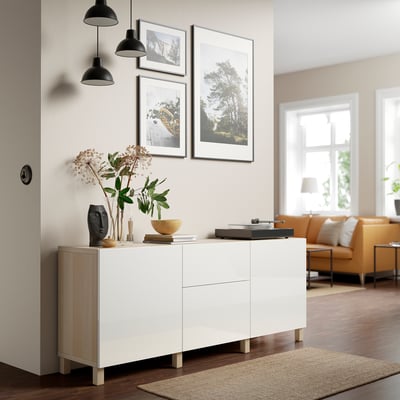 BESTÅ Mueble sala con puertas/cajones, Efecto roble tinte blanco/Selsviken/Stubbarp Alto brillo/blanco, 180x42x74 cm