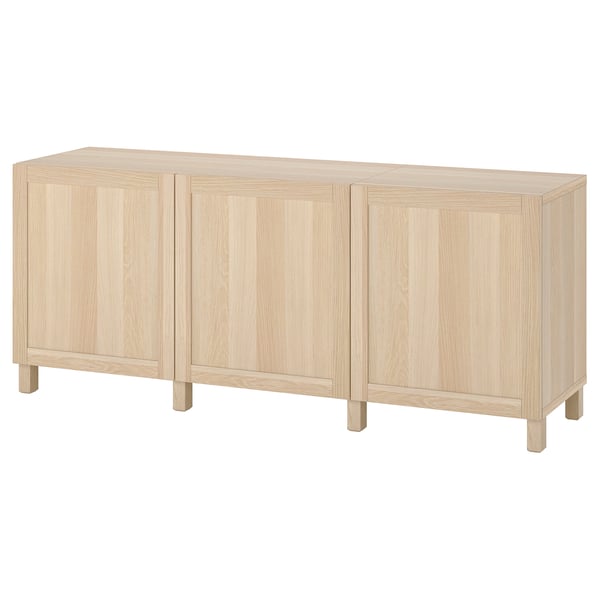 BESTÅ Mueble sala con puertas, Efecto roble tinte blanco/Hanviken/Stubbarp Efecto roble tinte blanco, 180x42x74 cm