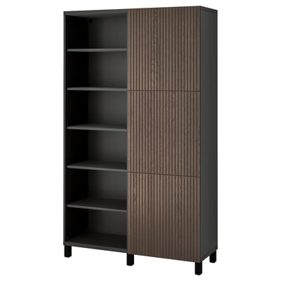 BESTÅ Mueble sala con puertas, negro con café Björköviken/café lámina de roble teñida, 120x42x202 cm