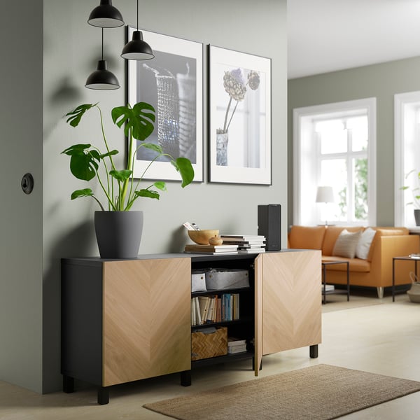 BESTÅ Mueble sala con puertas, negro con café/Hedeviken/Stubbarp Chapa de roble, 180x42x74 cm