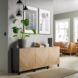 BESTÅ Mueble sala con puertas, negro con café/Hedeviken/Stubbarp Chapa de roble, 180x42x74 cm