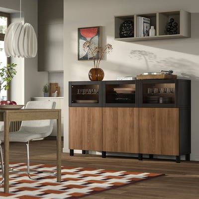 BESTÅ Mueble sala con puertas, negro con café Lappviken/café Efecto nogal, 180x42x112 cm