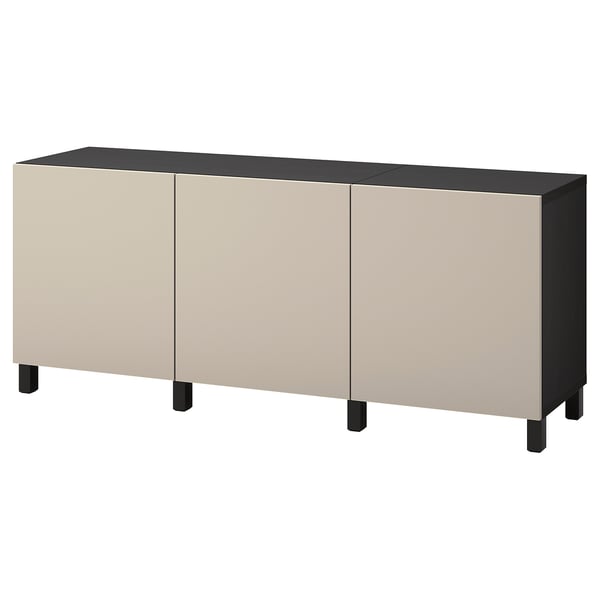 BESTÅ Mueble sala con puertas, negro con café/Lappviken/Stubbarp gris beige, 180x42x74 cm
