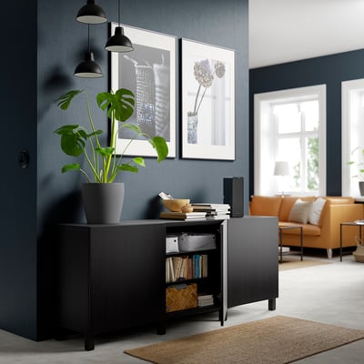 BESTÅ Mueble sala con puertas, negro con café/Lappviken/Stubbarp negro con café, 180x42x74 cm
